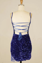 Royal Blue Homecoming Dresses Sequined Tight Cocktail Dresses with Fringes