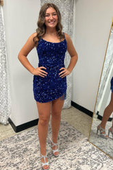 Royal Blue Homecoming Dresses Sequined Tight Cocktail Dresses with Fringes