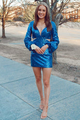 Royal Blue Homecoming Dresses Sequined Tight Short Cocktail Dresses with Sleeves