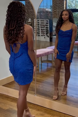 Royal Blue Homecoming Dresses Spaghetti Straps Sequin Tight Short Cocktail Dresses With Pearls