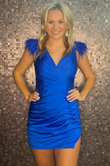 Royal Blue Homecoming Dresses V-Neck Tight Short Hoco Dresses with Feathers