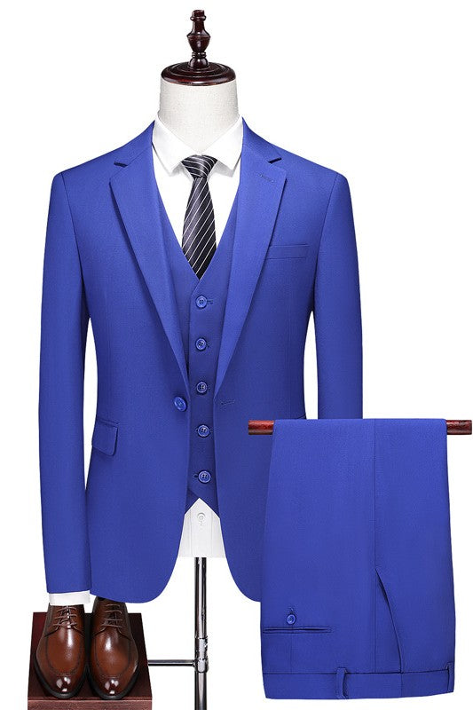 Royal Blue Notched Lapel Three Piece Business Suit for Men