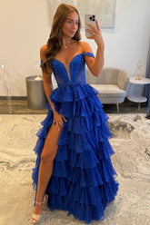 Royal Blue Off Shoulder Prom Dress With Beaded Illusion Ruffle Slit Skirt Formal Evening Gown