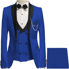 Royal Blue Peaked Lapel 3 Piece Close Fitting Prom Suit