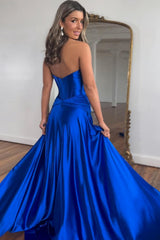 Royal Blue Prom Dress A Line Corset Satin Long Evening Dress with Slit