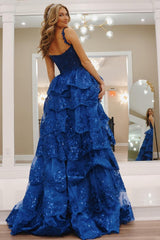 Royal Blue Prom Dress A Line Long Tiered Appliqued Evening Dress With Slit