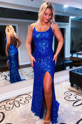 Royal Blue Prom Dress Backless Sequined Long Evening Dress with Slit