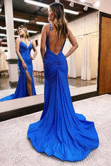 Royal Blue Prom Dress Beaded V Neck Mermaid Long Evening Dress With Split