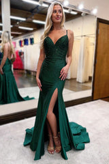 Royal Blue Prom Dress Beaded V Neck Mermaid Long Evening Dress With Split