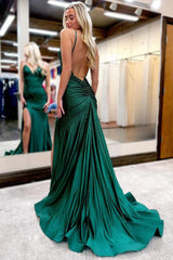 Royal Blue Prom Dress Beaded V Neck Mermaid Long Evening Dress With Split