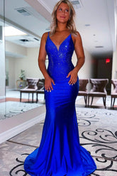 Royal Blue Prom Dress Beadings Mermaid Evening Dress