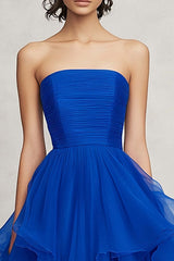 Royal Blue Prom Dress Chiffon Strapless Ruffled A Line Long Formal Dress