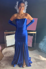 Royal Blue Prom Dress Corset Detachable Sleeves Mermaid Long Evening Dress with Slit