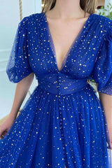 Royal Blue Prom Dress Long V Neck Tulle Formal Evening Dress