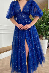 Royal Blue Prom Dress Long V Neck Tulle Formal Evening Dress