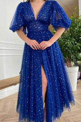 Royal Blue Prom Dress Long V Neck Tulle Formal Evening Dress