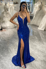 Royal Blue Prom Dress Mermaid Long Evening Dress With Slit