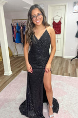 Royal Blue Prom Dress Mermaid Sequined Long Evening Dress with Slit