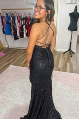 Royal Blue Prom Dress Mermaid Sequined Long Evening Dress with Slit