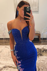 Royal Blue Prom Dress Off the Shoulder Beaded Long Appliqued Evening Dress