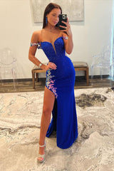 Royal Blue Prom Dress Off the Shoulder Beaded Long Appliqued Evening Dress