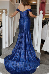 Royal Blue Prom Dress Off the Shoulder Mermaid Evening Dress with Slit