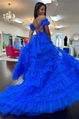 Royal Blue Prom Dress Off the Shoulder Ruffle Tiered Tulle Long Evening Dress With Split