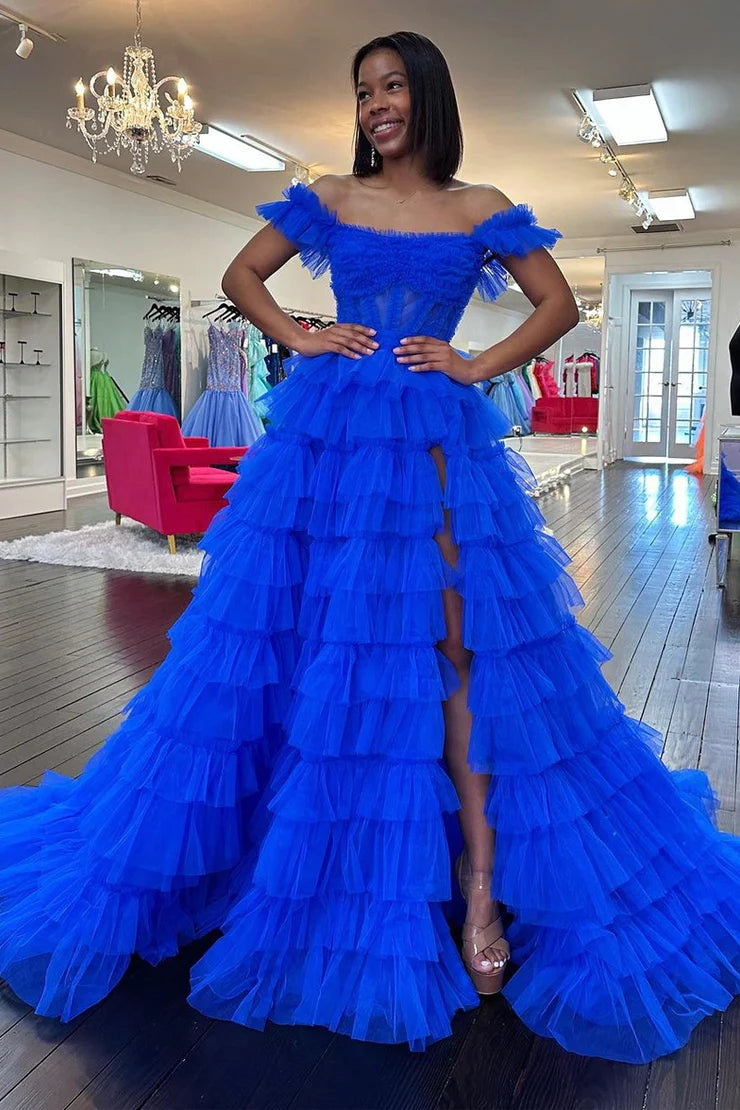 Royal Blue Prom Dress Off the Shoulder Ruffle Tiered Tulle Long Evening Dress With Split