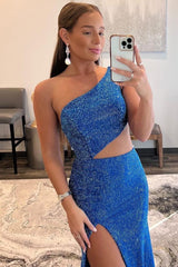 Royal Blue Prom Dress One Shoulder Sheath Long Evening Dress with Slit