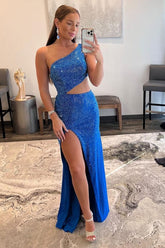 Royal Blue Prom Dress One Shoulder Sheath Long Evening Dress with Slit