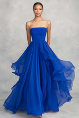 Royal Blue Prom Dress Ruffled Ball Gown Chiffon Strapless Pleated Long Formal Dress