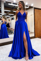 Royal Blue Prom Dress Satin V Neck Lace Long Evening Gown Evening Dress