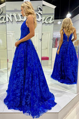 Royal Blue Prom Dress Sequin Lace V Neck A Line Long Evening Dress