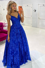 Royal Blue Prom Dress Sequin Lace V Neck A Line Long Evening Dress