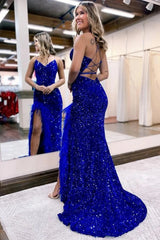 Royal Blue Prom Dress Sequined Long Mermaid Evening Dress with Feathers