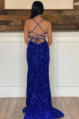Royal Blue Prom Dress Sequined Mermaid Long Evening Dress with Slit