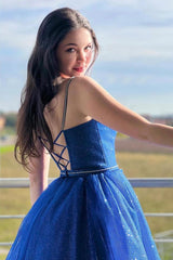 Royal Blue Prom Dress Shiny A Line Spaghetti Straps Long Evening Dress