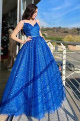 Royal Blue Prom Dress Shiny A Line Spaghetti Straps Long Evening Dress