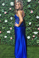 Royal Blue Prom Dress Spaghetti Straps Long Evening Dress with Slit