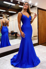 Royal Blue Prom Dress Spaghetti Straps Simple Mermaid Evening Dress