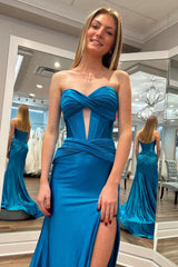 Royal Blue Prom Dress Strapless Mermaid Corset Long Evening Dress With Slit