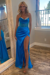 Royal Blue Prom Dress Sweetheart Corset Evening Dress with Slit
