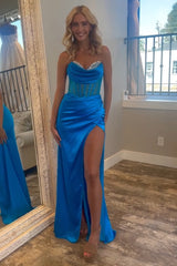Royal Blue Prom Dress Sweetheart Corset Evening Dress with Slit