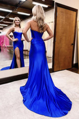 Royal Blue Prom Dress Sweetheart Neck Satin Mermaid Long Evening Dress with Beadings