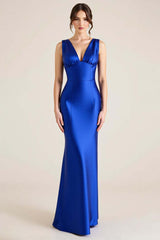 Royal Blue Prom Dress V-Neck Satin Sheath Sleeveless Long Formal Dress