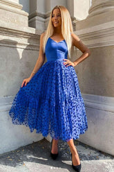 Royal Blue Prom Dress V Neck Tulle Short Cocktail Dress Evening Dress