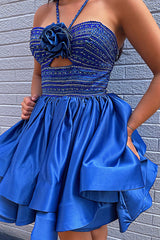 Royal Blue Ruffled Homecoming Dresses Halter Beaded Short Cocktail Dresses With 3D Flower