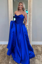 Royal Blue Satin Gown With Strapless Glitter A-Line Silhouette Prom Dress Formal Evening Gown