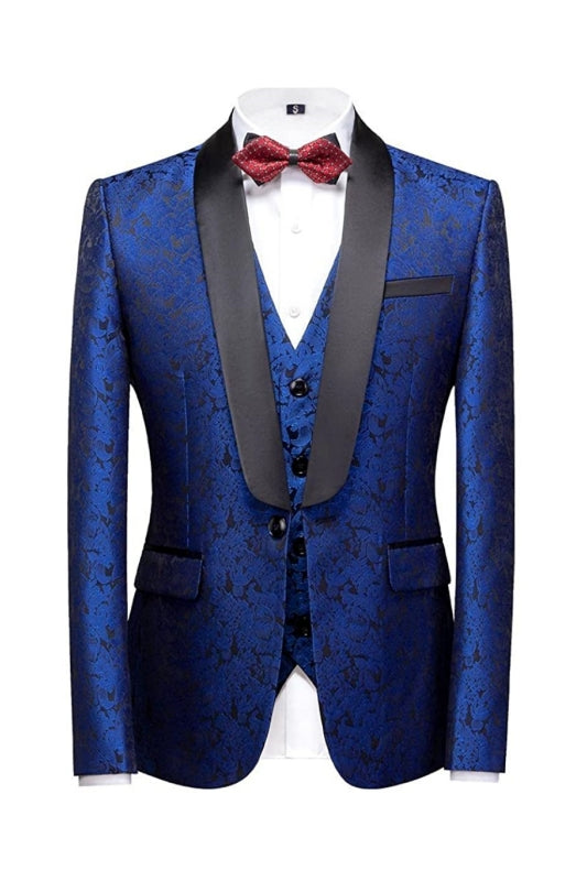 Royal Blue Three Piece Jacquard Wedding Suit for Men