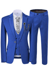 Royal Blue Three Piece Notched Lapel Prom Suit with Black Dot